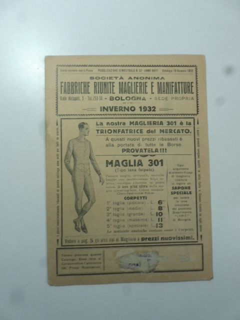 Società anonima fabbriche riunite maglierie e manifatture. Bologna. Via Malaguti 3. Inverno 1932